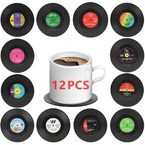 12 Pcs Fun Vintage Vinyl Record Coasters，Bars、Birthdays, Parties Cool Coaster Music Lovers Colorful Vintage Vinyl disc Coaster Coffee Table Decor ，Tabletop Protection Prevents Furniture Damage