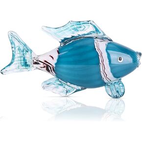 Large Glass Fish Figurine Maritime Decor, Modern Nautical Decorations for Home Hand Blown Art Glass Fish Sculpture - Ideals Beach Theme House, Coastal Ocean Themed Tropical Glass Fish Decor