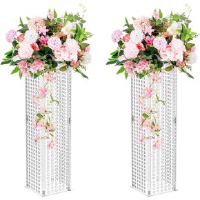 Clear Acrylic Tall Vases for Centerpieces - 2 Pcs Acrylic Column Flower Stand with Chandelier Crystals, Inweder 31.5 inch Vase Stand, Geometric Wedding Centerpieces Bulk for Tables, Party, Home Decor