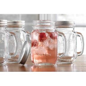 Mason Jar 16 Oz. Glass Mugs with Handle and Lid Set Of 4 - Home Essentials & Beyond - Old Fashioned Drinking Glass Bottles Original Mason Jar Pint Sized Cup Set.