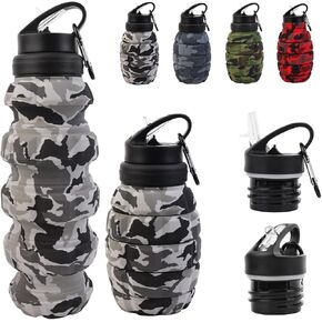 Collapsible Travel Water Bottle18oz, Reuseable Silicone Foldable Water Bottles for Gym Camping Hiking, Portable Leak Proof Sports Water Bottle with rugby Carabiner (Green)