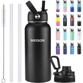 Insulated Water Bottle With Straw 32oz, Sports Water Bottle 1 Liter, Reusable Wide Mouth Vacuum 18/8 Stainless Steel Thermos Flask, Double Wall, BPA-Free (Blue, 32oz)