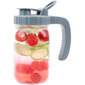 Mason Jar Pitcher 64 OZ Glass Pitcher With Pour Spout Lids Airtight Leak Proof 2 Quart Wide Mouth Water Pitcher With Handle And Flip Cap For Iced Tea, Milk, Sun Tea, Lemonade,Juice, Iced Coffee