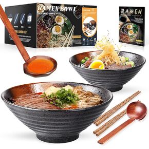 YTLEMON Ramen Bowls Set of Ceramic, 2 Sets of 34 Ounces Large Japanese Serving Bowls with Chopsticks and Spoons for Pho, Dinnerware for New Apartments Suitable as Housewarming Gifts(Blue)