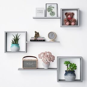 Square Floating Shelves Wall Mouted, Pine Wood Honeycomb Shelves Set of 6, Geometric Floating Shelves for Wall Decor, Grey Wall Cube Box Shelves for Bedroom, Living Room, Office