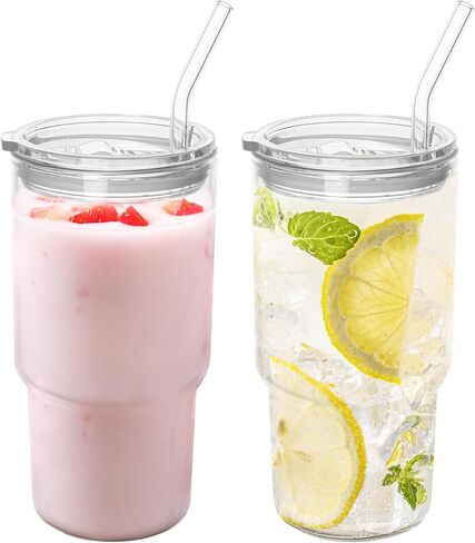 Glass Tumbler with Lid and Straw, Borosilicate Glass Iced Coffee Cup Smoothie Cups 24 oz/750ml for Hot or Cold Drinks in Saudi Arabia