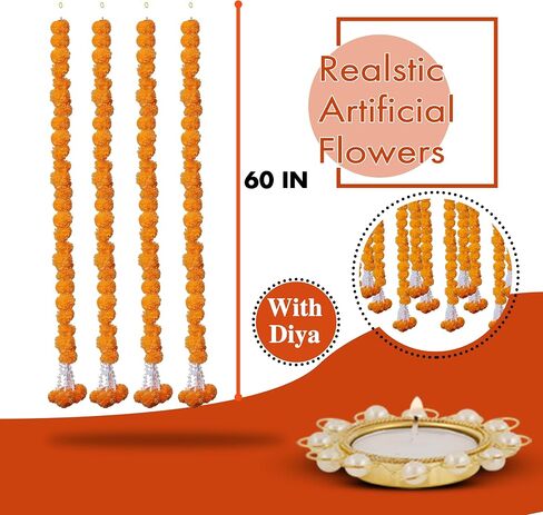 Marigold Garland for Decoration 5 Feet Indian Artificial Marigold Flowers for Diwali, Christmas, Party, Wedding Backdrop, Pooja & Mexican Day of The Dead with 1 Diya (Multi 5) in Saudi Arabia