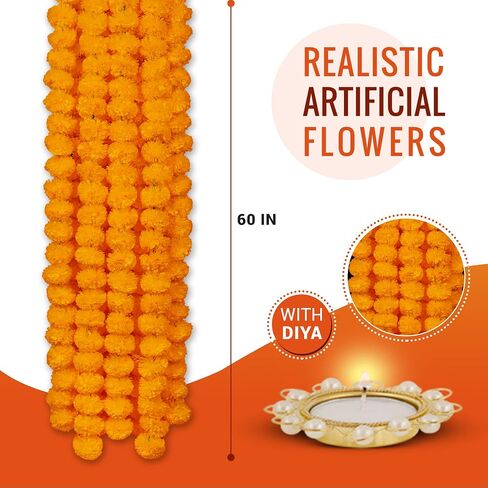 Marigold Garland for Decoration 5 Feet Indian Artificial Marigold Flowers for Diwali, Christmas, Party, Wedding Backdrop, Pooja & Mexican Day of The Dead with 1 Diya (Multi 5) in Saudi Arabia
