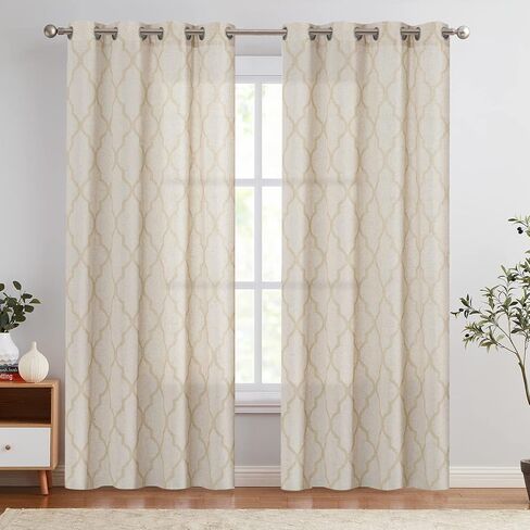 COLLACT Linen Curtains Moroccan Tile Curtains for Living Room Bedroom Blue Geometric Patterned Curtains 63 Inch Length Farmhouse Light Filtering Drapes Grommet Window Treatments 2 Panels Blue on Beige in Saudi Arabia