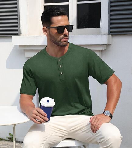 قمصان EKLENTSON Henley للرجال بأكمام قصيرة قميص صيفي غير رسمي من القطن بأزرار أمامية in Kuwait