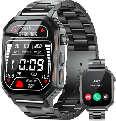 ساعة ذكية، ساعة لياقة بدنية مقاس 2.02 بوصة (الرد/إجراء مكالمة)، مراقب معدل نبضات القلب أثناء النوم، مقاومة للماء 5ATM، أكثر من 100 وضع رياضي لتتبع الأنشطة متوافقة مع Android iOS (سوار ساعة فولاذي) in Kuwait