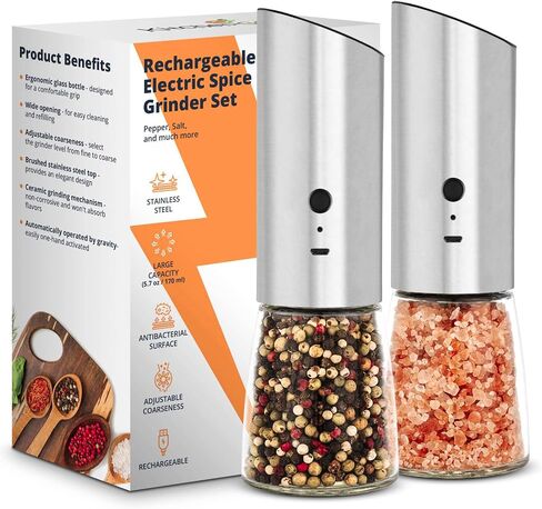 Rechargeable Electric Salt or Pepper Grinder, Automatic Gravity Mill with Adjustable Coarseness, Brushed Stainless Steel, Ceramic Blades and Refillable Glass (Bronze grinder - 1 unit) in Saudi Arabia