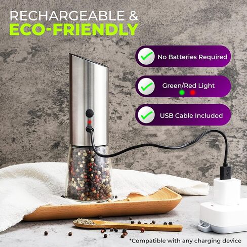Rechargeable Electric Salt or Pepper Grinder, Automatic Gravity Mill with Adjustable Coarseness, Brushed Stainless Steel, Ceramic Blades and Refillable Glass (Bronze grinder - 1 unit) in Saudi Arabia
