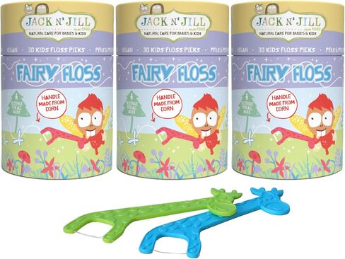 Jack N' Jill Fairy Floss - Individually Wrapped Recyclable Floss for Kids, Cornstarch Handles and Packaging, No PFAS, Strawberry Flavor - Pack of 3 in Saudi Arabia