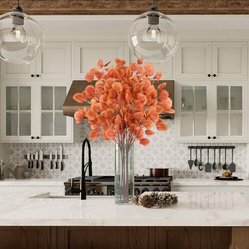 6 قطع من سيقان الأوكالبتوس الخريفية، 35.43 سم سيقان الخريف، نباتات الأوكالبتوس من الحرير الأصفر الفضي للمواقد المنزلية وحفلات الزفاف والمزهريات وديكورات عيد الشكر في الخريف in Kuwait