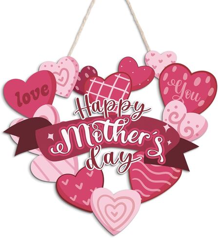 Putuo Decor Happy Mother's Day Welcome Sign, Mother's Day Heart-Shaped Wooden Hanger Decoration for Front Door, Window, Office, Flower Wreath Hanging Plaque for Party Years of Celebrations 12x14 in in Saudi Arabia
