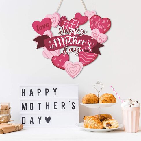 Putuo Decor Happy Mother's Day Welcome Sign, Mother's Day Heart-Shaped Wooden Hanger Decoration for Front Door, Window, Office, Flower Wreath Hanging Plaque for Party Years of Celebrations 12x14 in in Saudi Arabia