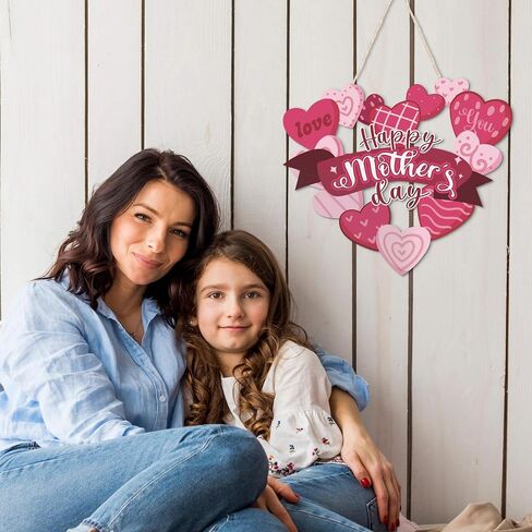 Putuo Decor Happy Mother's Day Welcome Sign, Mother's Day Heart-Shaped Wooden Hanger Decoration for Front Door, Window, Office, Flower Wreath Hanging Plaque for Party Years of Celebrations 12x14 in in Saudi Arabia