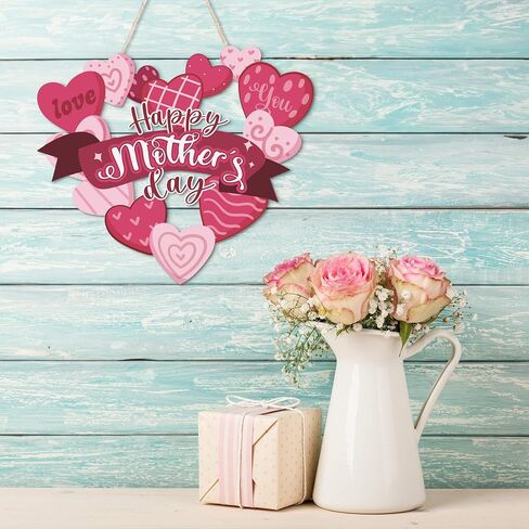 Putuo Decor Happy Mother's Day Welcome Sign, Mother's Day Heart-Shaped Wooden Hanger Decoration for Front Door, Window, Office, Flower Wreath Hanging Plaque for Party Years of Celebrations 12x14 in in Saudi Arabia