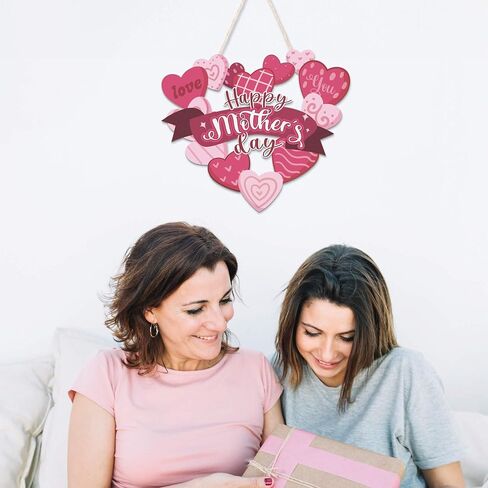 Putuo Decor Happy Mother's Day Welcome Sign, Mother's Day Heart-Shaped Wooden Hanger Decoration for Front Door, Window, Office, Flower Wreath Hanging Plaque for Party Years of Celebrations 12x14 in in Saudi Arabia