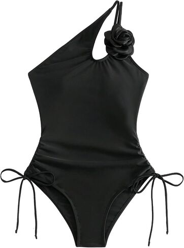 OYOANGLE Women's 3D Rose One Shoulder One Piece Swimsuit Drawstring Side Ruched Bathing Suits Swimwear in Saudi Arabia