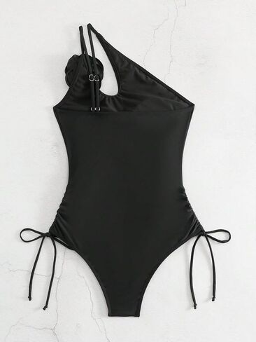 OYOANGLE Women's 3D Rose One Shoulder One Piece Swimsuit Drawstring Side Ruched Bathing Suits Swimwear in Saudi Arabia