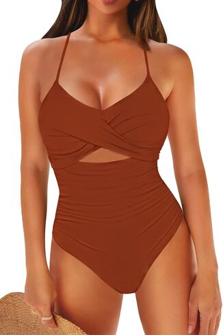 LaSuiveur Women's One Piece Swimsuit V Neck Cutout Tummy Control Lace Up Back Sexy Monokini Bathing Suits in Saudi Arabia