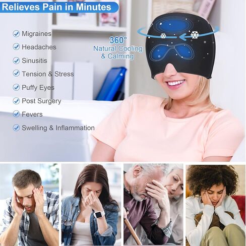 Gel Ice Headache Migraine Relief Hat Cap Hot and Cold Compress Therapy Stretchable Reusable Cold Gel Head Wrap Ice Pack Pad Mask for Tension, Sinus, Insomnia, Fever, Puffy Eyes, Hangover, Black in Saudi Arabia