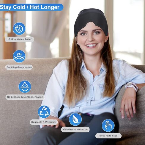 Gel Ice Headache Migraine Relief Hat Cap Hot and Cold Compress Therapy Stretchable Reusable Cold Gel Head Wrap Ice Pack Pad Mask for Tension, Sinus, Insomnia, Fever, Puffy Eyes, Hangover, Black in Saudi Arabia