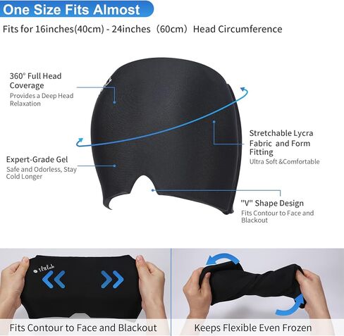 Gel Ice Headache Migraine Relief Hat Cap Hot and Cold Compress Therapy Stretchable Reusable Cold Gel Head Wrap Ice Pack Pad Mask for Tension, Sinus, Insomnia, Fever, Puffy Eyes, Hangover, Black in Saudi Arabia