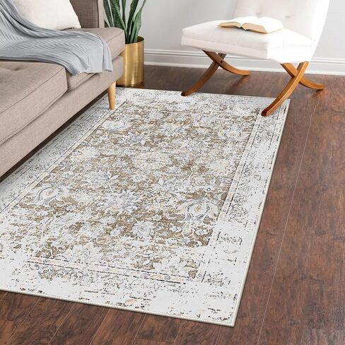 Vintage Floral Washable 8x10 Rug, Boho Large Rugs for Living Room Lightweight Area Rug Indoor Green Print Non Slip Carpet Distressed Bedroom Rugs Dining Room Office in Saudi Arabia