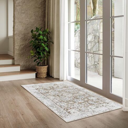 Vintage Floral Washable 8x10 Rug, Boho Large Rugs for Living Room Lightweight Area Rug Indoor Green Print Non Slip Carpet Distressed Bedroom Rugs Dining Room Office in Saudi Arabia