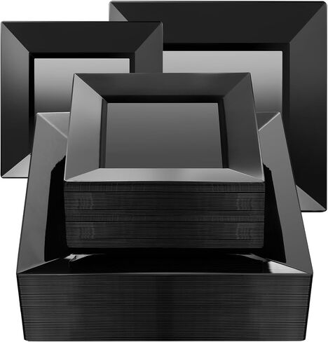 Goodluck 60 Pack Black Disposable Square Plastic Plates, Heavy Duty 30 Dinner Plates 9.5" and 30 Dessert Plates 6.5", Fancy Disposable Plates for Wedding, Holiday Party, Birthday, Halloween in Saudi Arabia