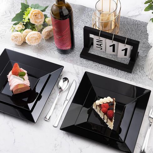 Goodluck 60 Pack Black Disposable Square Plastic Plates, Heavy Duty 30 Dinner Plates 9.5" and 30 Dessert Plates 6.5", Fancy Disposable Plates for Wedding, Holiday Party, Birthday, Halloween in Saudi Arabia