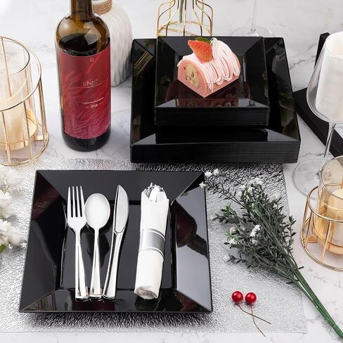 Goodluck 60 Pack Black Disposable Square Plastic Plates, Heavy Duty 30 Dinner Plates 9.5" and 30 Dessert Plates 6.5", Fancy Disposable Plates for Wedding, Holiday Party, Birthday, Halloween in Saudi Arabia