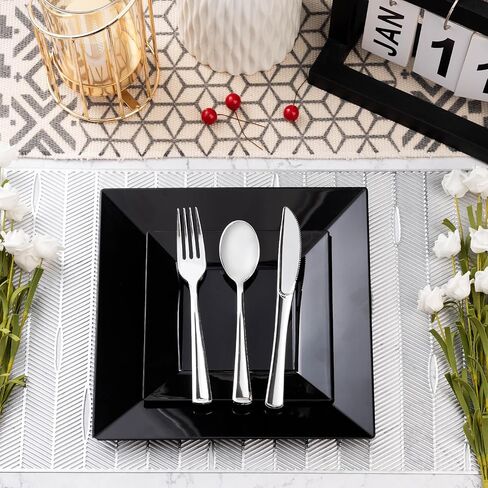 Goodluck 60 Pack Black Disposable Square Plastic Plates, Heavy Duty 30 Dinner Plates 9.5" and 30 Dessert Plates 6.5", Fancy Disposable Plates for Wedding, Holiday Party, Birthday, Halloween in Saudi Arabia