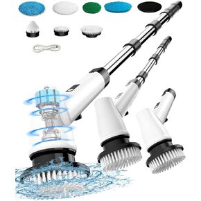 Electric Spin Scrubber, Handheld Adjustable Shower Scrubber with Long Handle, Cordless Cleaning Brush with 7 Replaceable Brush Heads for Cleaning Kitchen, Tub, Tile, Floor, Sink, Bathtub