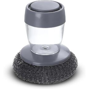 Stainless Steel Scrubber with Soap Dispensing Handle, Heavy Duty Pot Scrubber, Palm Brush with Replaceable Steel Wool Scouring Pad Used for Dishes, Pots, Pans, Grills, Sink, Gray
