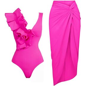 One Piece Swimsuit with Cover up Set Women Retro Floral Swimsuit and Beach Wrap Skirt Two Piece Bathing Suit