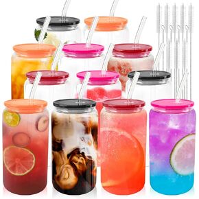 8pcs Glass Cups with Acrylic Lids and Straws 16 oz Can Shaped Glass Iced Coffee Cups with Lids and Straws, Cute Tumbler Cup Drinking Glasses for Smoothie Whiskey Boba Soda Tea Gift