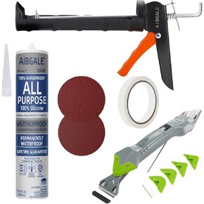 Variety Caulking Tool Kit, Caulking Gun, Silicone Sealant with Dripless Gun - All-Purpose 100% Clear Silicone Caulk (10 oz Tube), and 5 in 1 Scraper/Smoothing Tool, Sandpaper, Gloves and Masking Tape