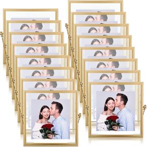 Hoteam 16 Pieces Vertical Glass Photo Frames Vintage Metal Frame Collection Pressed Flowers Picture Frames Antique Geometric Photo Display for Art Desk Tabletop Decorations,4 x 4 Inches(Gold)