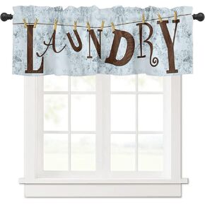 Curtain Valances for Windows, Laundry Sign Vintage Blue Background Rod Pocket Valance Window Treatments Short Curtains for Kitchen Bathroom Living Room 60 x 18 Inches, 1 Panel