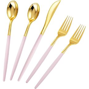 Rubtlamp 90Pcs Gold Plastic Silverware, Gold Plastic Utensils, Plastic Cutlery Include 30 Plastic Gold Knives, 60 Plastic Forks and Spoons, Plastic Silverware Heavy Duty for Party, Wedding