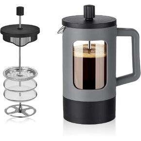 YOLIFE French Press Coffee Maker 4 Cup, Heat-resistant Borosilicate Glass, 4-Level Filters, Portable Cold Brew for Travel, Home (White and Orange, 35 oz)