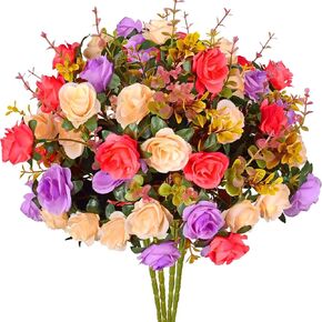 EverWin Artificial Silk Flowers Bouquet Mini Small Roses for Decoration Outdoors Fake Faux Colorful Flowers with Stems for Home Decor Indoor Outside Wedding Table Centerpieces - 4 Bundles