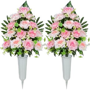 XONOR Artificial Cemetery Flowers, Memorial Rose Flowers Grave Decoration Flower Bouquets with Vase for Cemetery Graveyard Headstones Decor, Set of 2 (Pink)