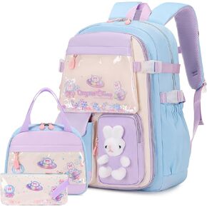 3Pcs Bunny Backpack for Girls, Girls Backpack for School with Lunch Box Pencil Case, Kawaii Cute Book Bags for Girls, Kids School Bags Kindergarten Elementary Preschool Middle School Pink