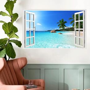 Seascape Faux Window Wall Mural 3D Self-Adhesive Fake Window Wall Stickers Mount Fuji in The Distance Window Poster Removable Peel and Stick Sea Wave Natural Landscape Home Wall Decoration