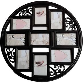 4x6 Wall Collage Picture Frames 4X6- Round Circular Wall hanging Picture Photo Collage Frame with Leaf Decoration, 9- Opening (Black)